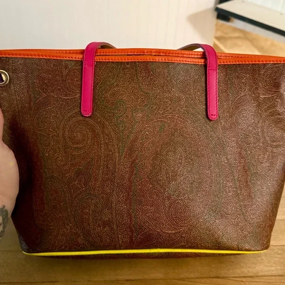 Etro Milano Brown Paisley Medium Shopper Tote Bag with Neon Trim & Straps - Picture 9 of 14
